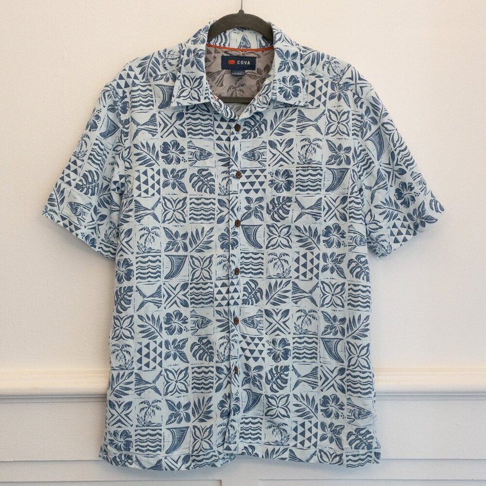Cova Men’s Aloha Shirt Small Blue White Hawaiian Print Button Front Resort Wear